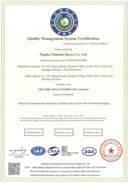 Porcellana Ningbo Yolanda Spray Co., Ltd. Certificazioni