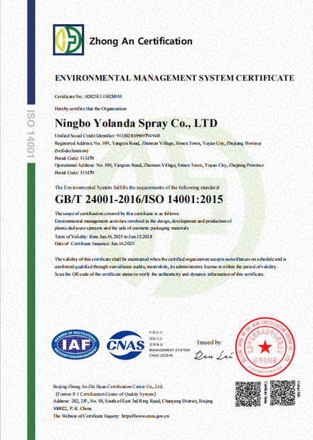 Porcellana Ningbo Yolanda Spray Co., Ltd. Certificazioni