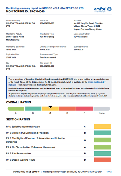 Porcellana Ningbo Yolanda Spray Co., Ltd. Certificazioni